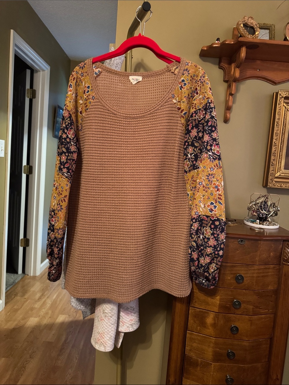 BiBi Taupe Waffle Knit Top with Mustard & Navy Floral Raglan Sleeves